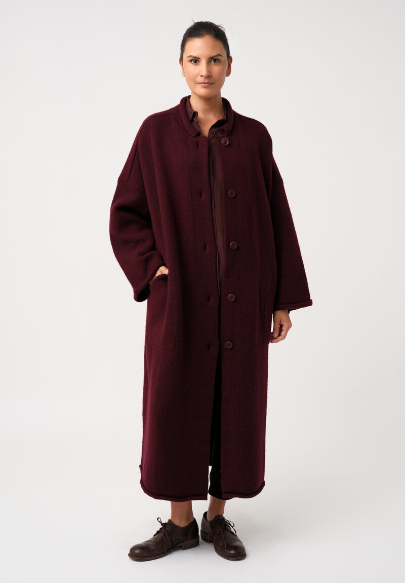 Casey Casey Soft Fleece Knit Long Button-Down Coat in Wine Red