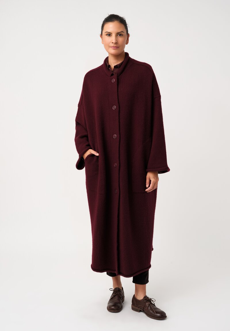 Casey Casey Soft Fleece Knit Long Button-Down Coat in Wine Red