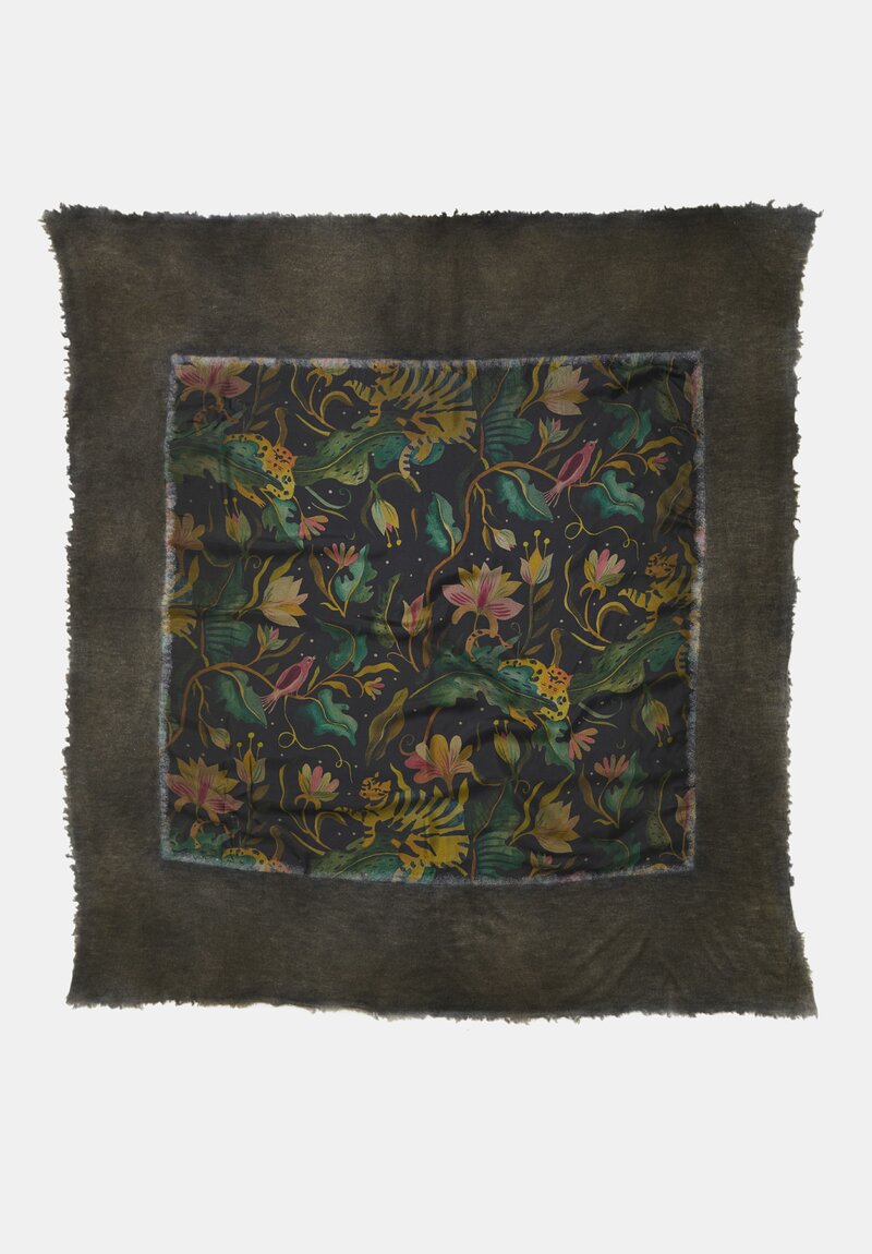 Avant Toi One-of-a-Kind Cashmere & Silk Quadrello Scarf Moss Green Big Cats