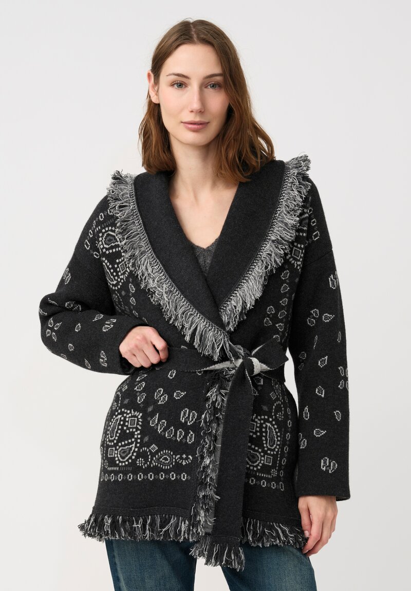 Alanui Cashmere Jacquard Knit Bandana Cardigan in Grey Paisley	