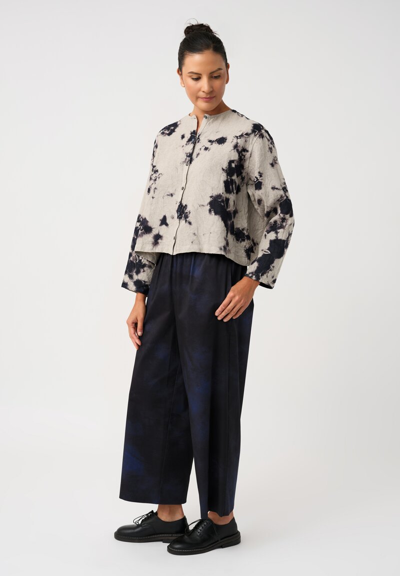 Suzusan Linen Hand-Dyed Madara Shibori Cropped Button Down Shirt in Taupe Grey & Ink Black	
