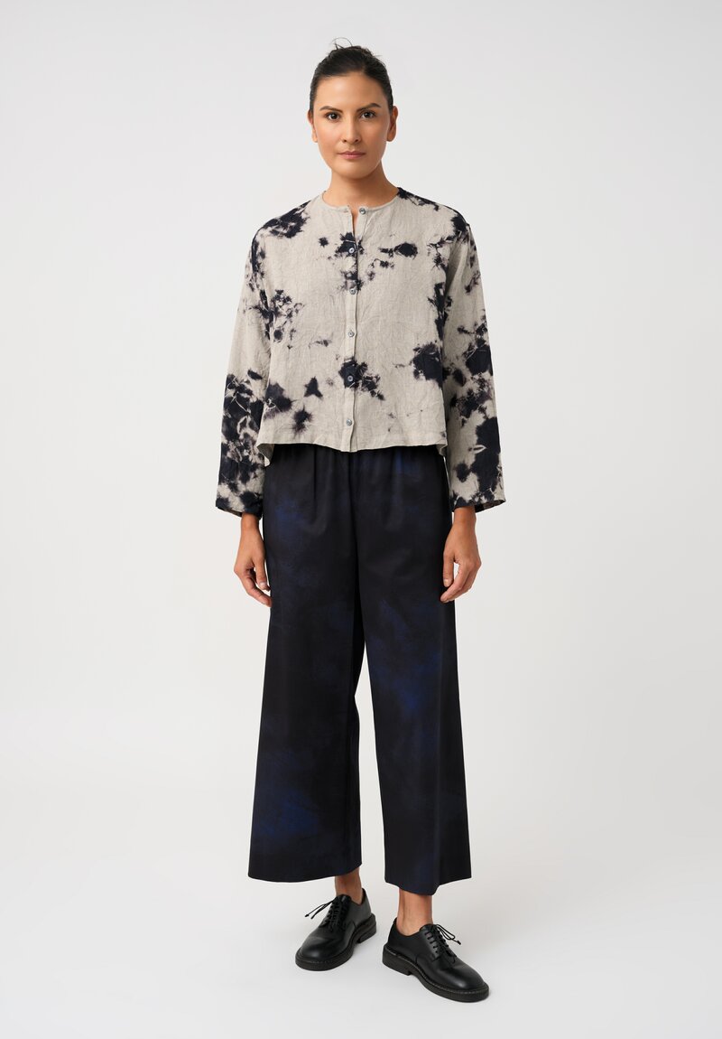 Suzusan Linen Hand-Dyed Madara Shibori Cropped Button Down Shirt in Taupe Grey & Ink Black	