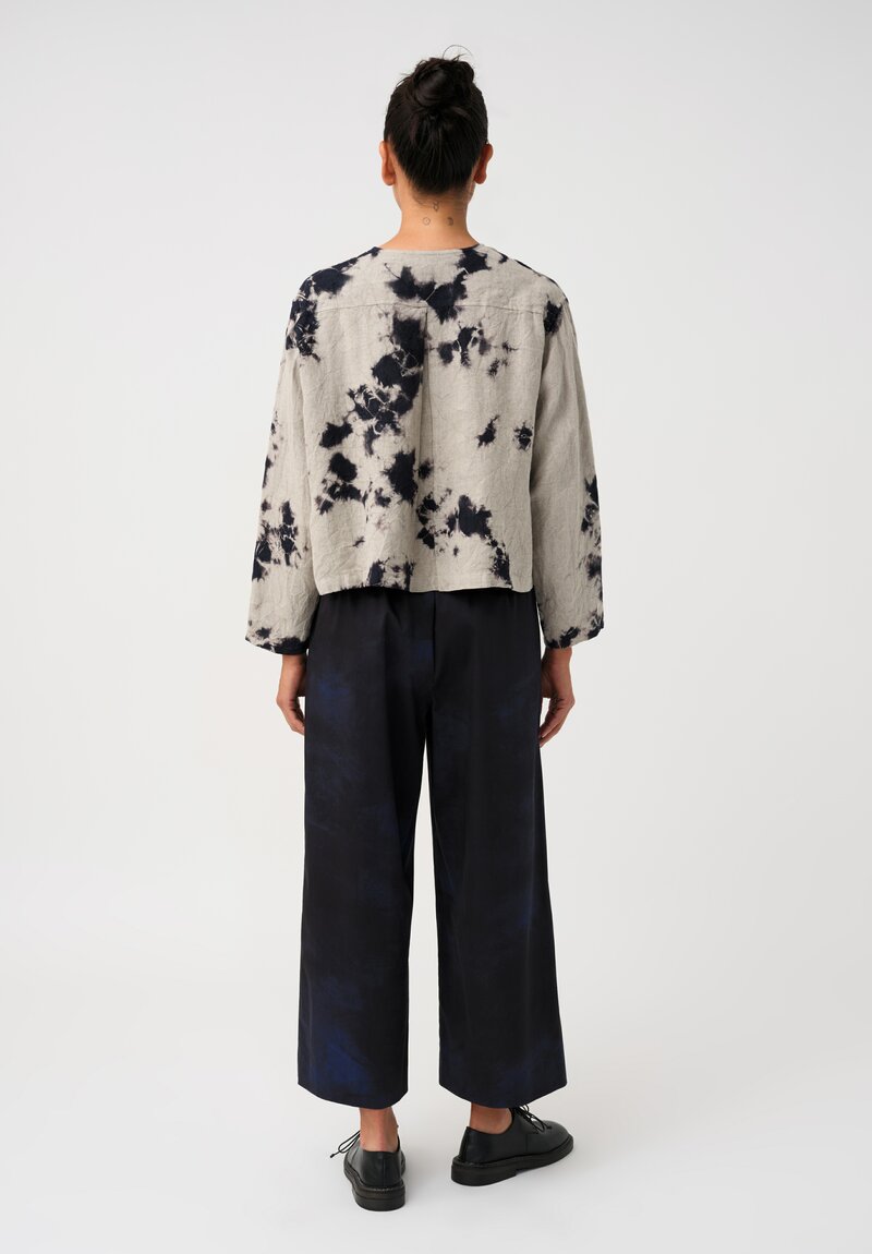 Suzusan Linen Hand-Dyed Madara Shibori Cropped Button Down Shirt in Taupe Grey & Ink Black	