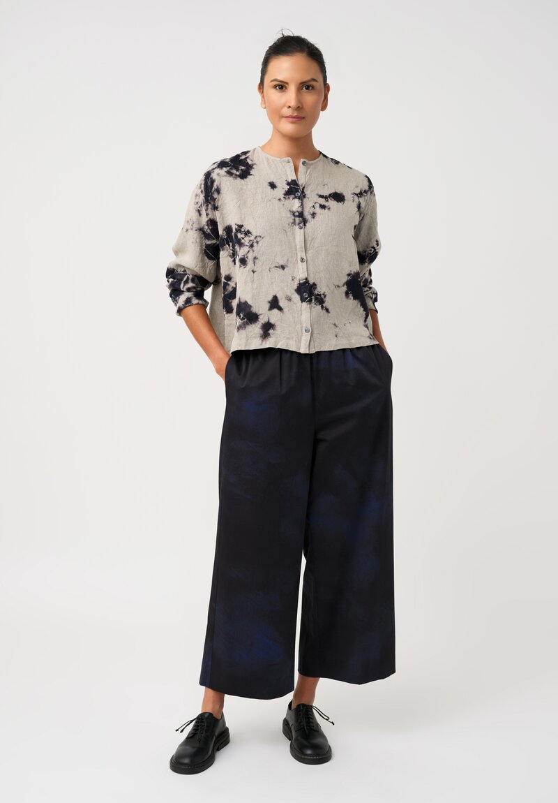 Suzusan Linen Hand-Dyed Madara Shibori Cropped Button Down Shirt in Taupe Grey & Ink Black	