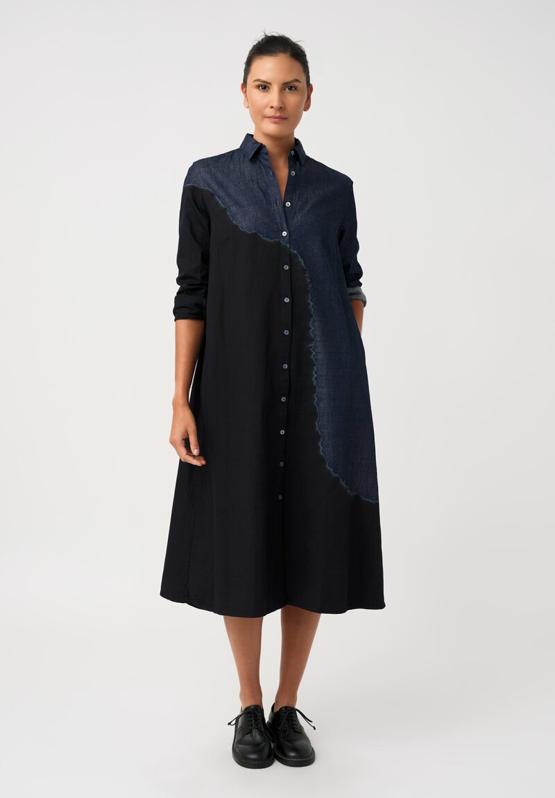 Suzusan Cotton Denim Boushi Somewake Shibori Boa Shirt Dress in Indigo Blue & Black	