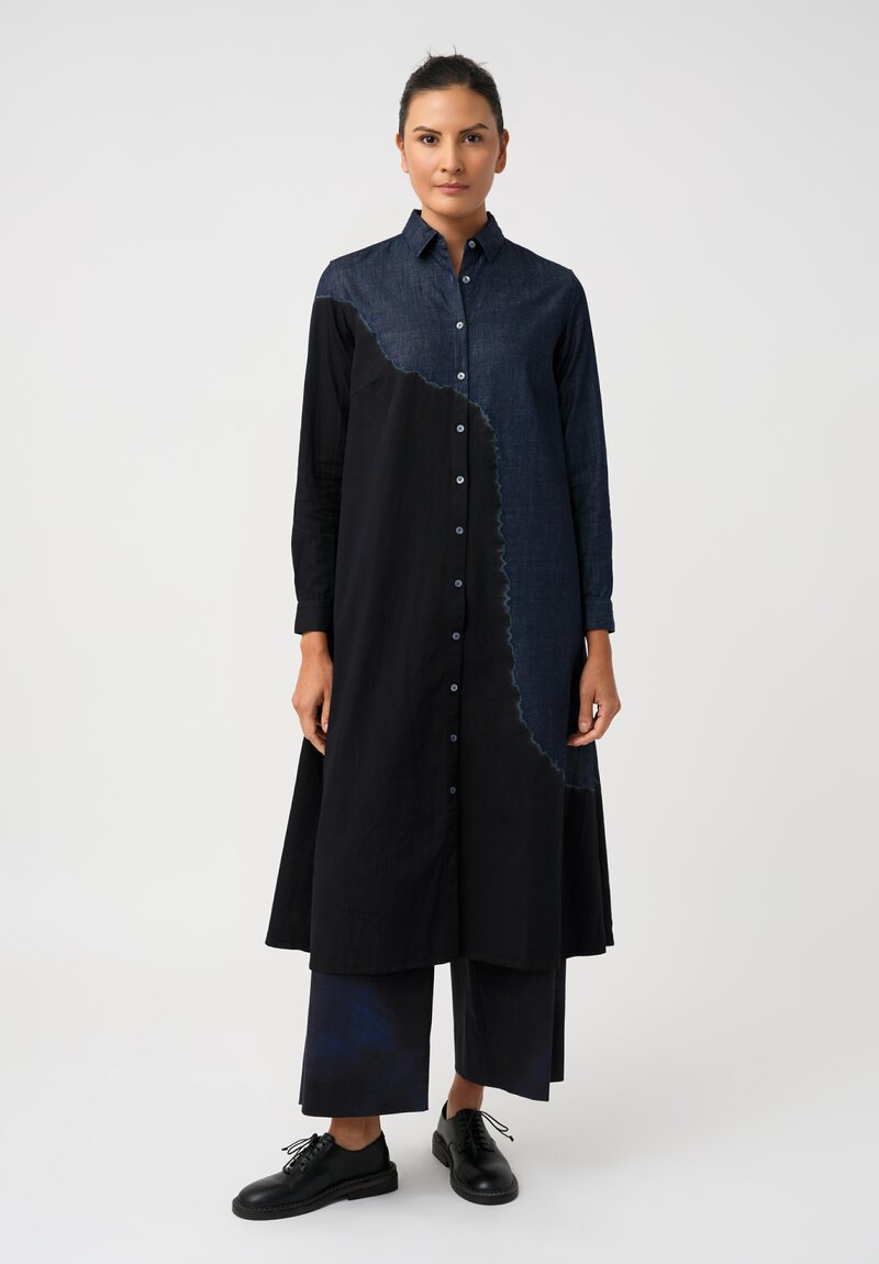 Suzusan Cotton Denim Boushi Somewake Shibori Boa Shirt Dress in Indigo Blue & Black	