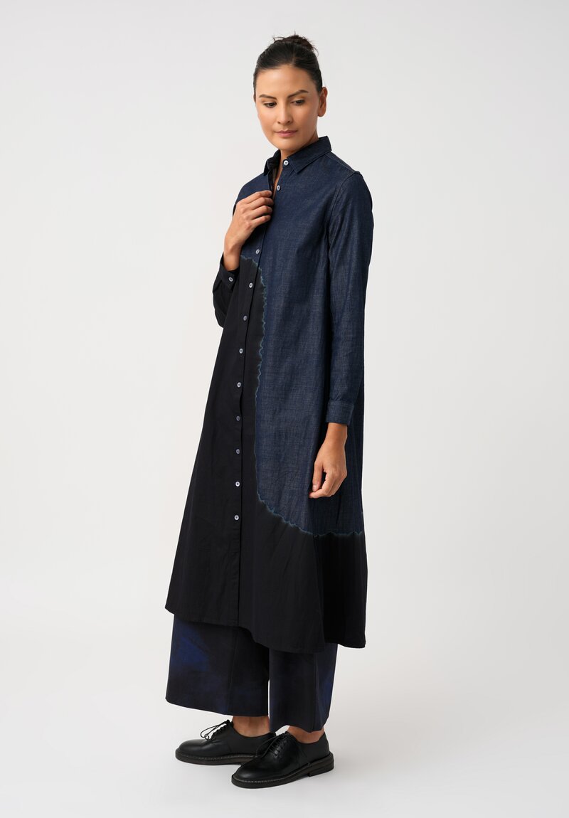 Suzusan Cotton Denim Boushi Somewake Shibori Boa Shirt Dress in Indigo Blue & Black	