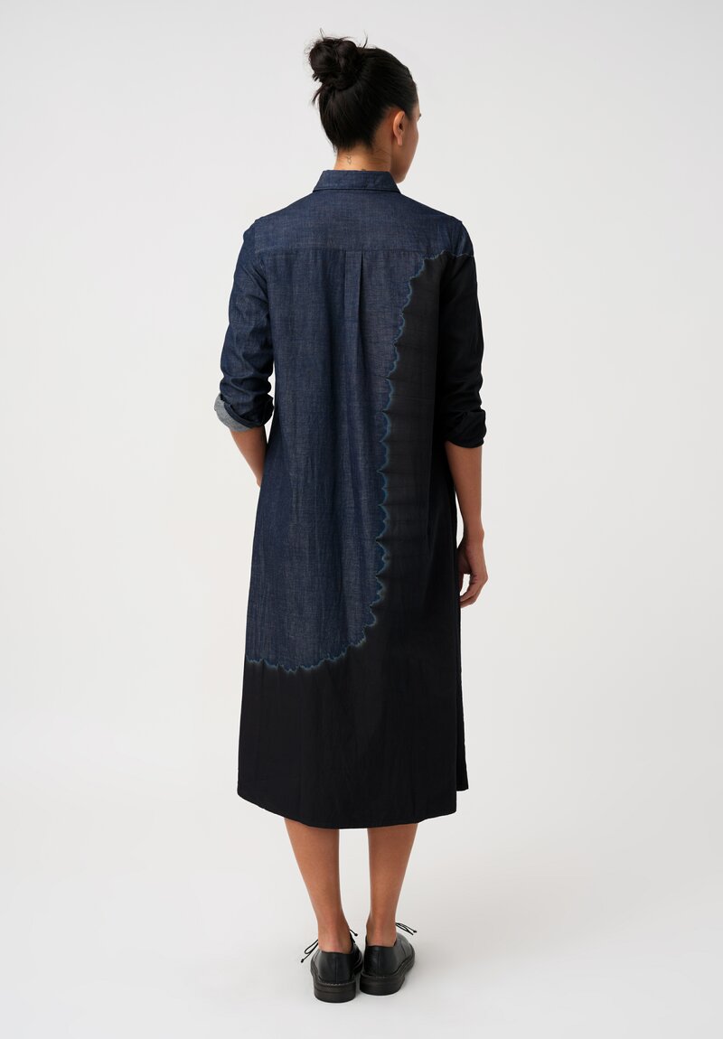 Suzusan Cotton Denim Boushi Somewake Shibori Boa Shirt Dress in Indigo Blue & Black	
