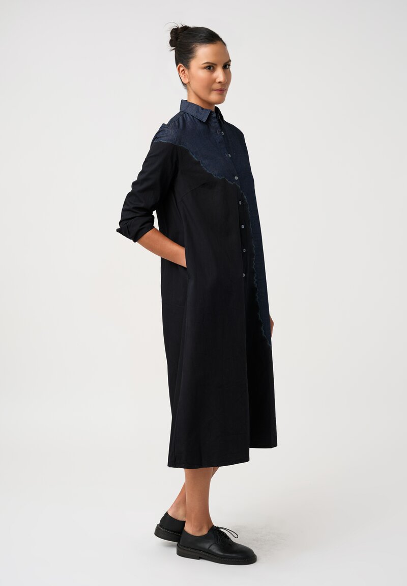 Suzusan Cotton Denim Boushi Somewake Shibori Boa Shirt Dress in Indigo Blue & Black	