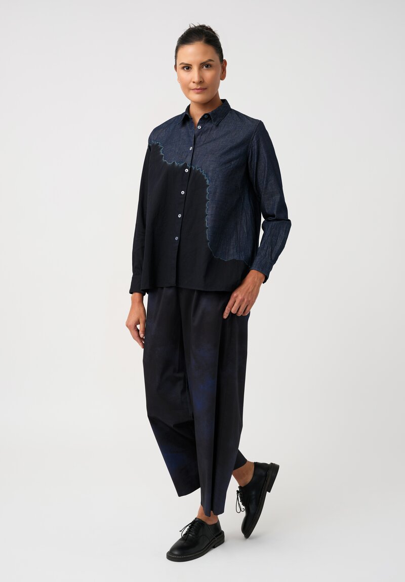 Suzusan Pima Cotton Denim Boushi Somewake Shibori Boa Shirt in Indigo Blue & Black