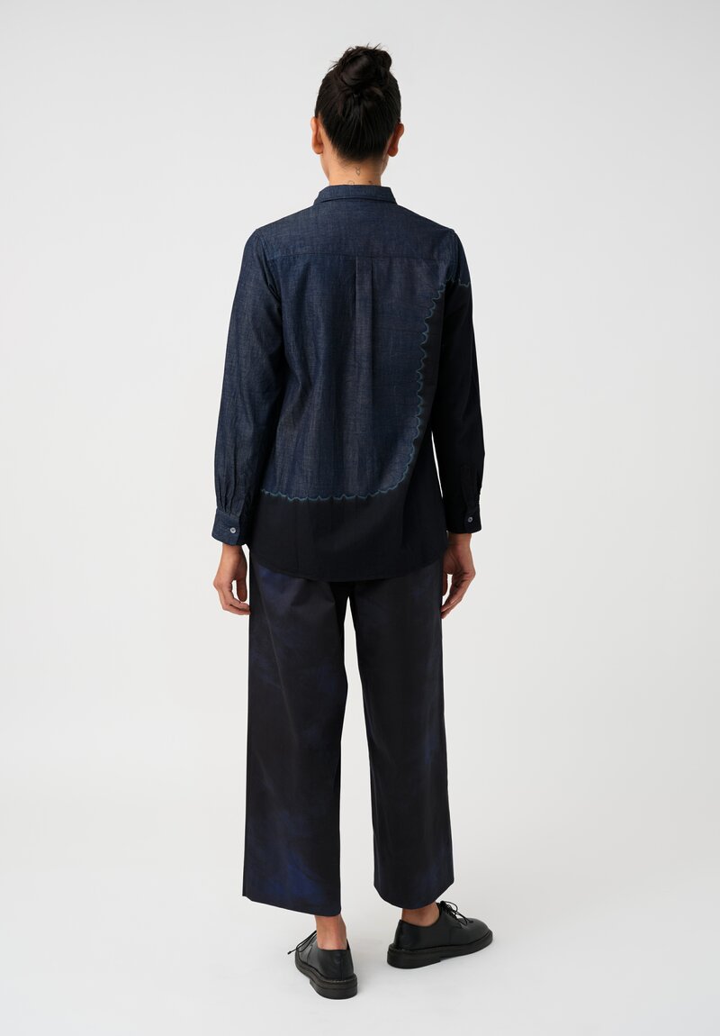Suzusan Pima Cotton Denim Boushi Somewake Shibori Boa Shirt in Indigo Blue & Black