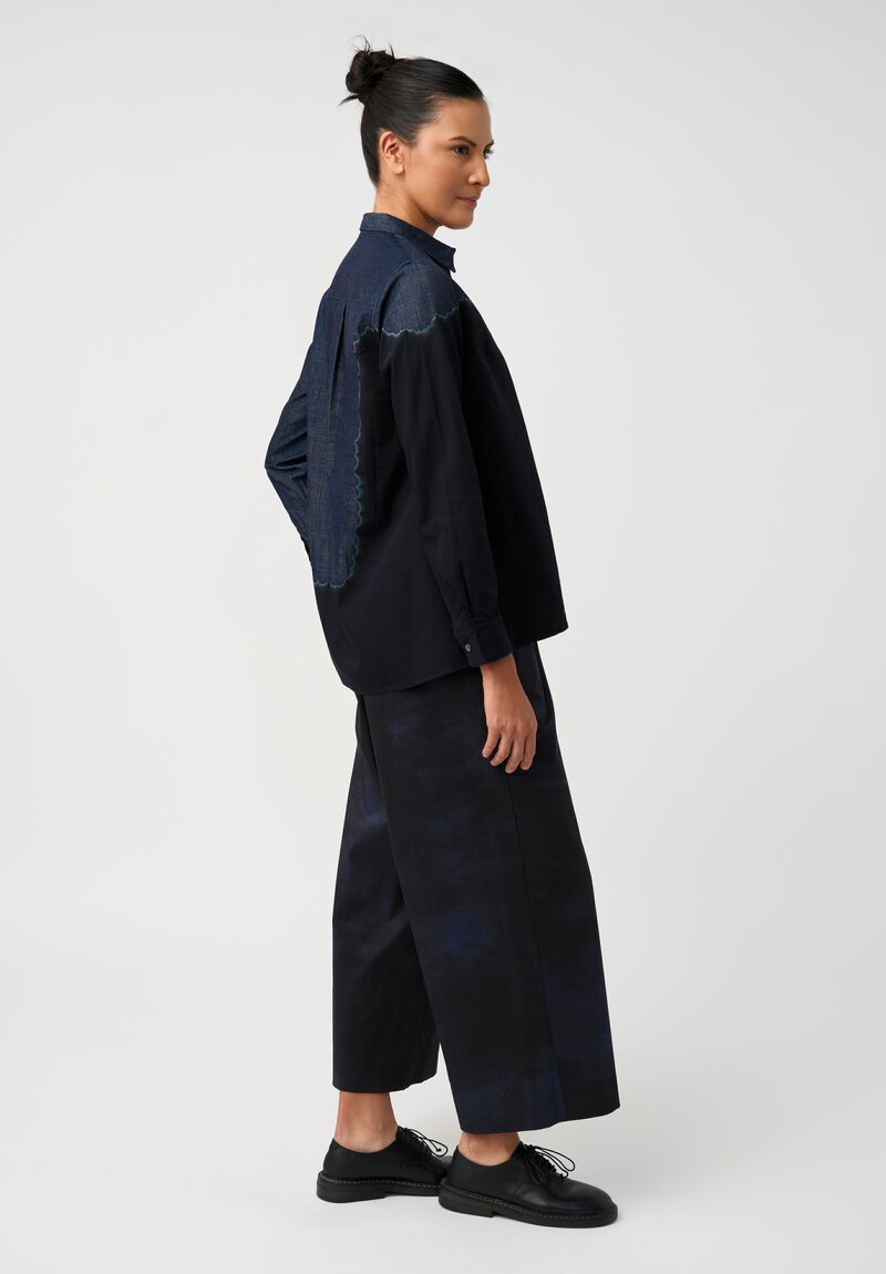 Suzusan Pima Cotton Denim Boushi Somewake Shibori Boa Shirt in Indigo Blue & Black