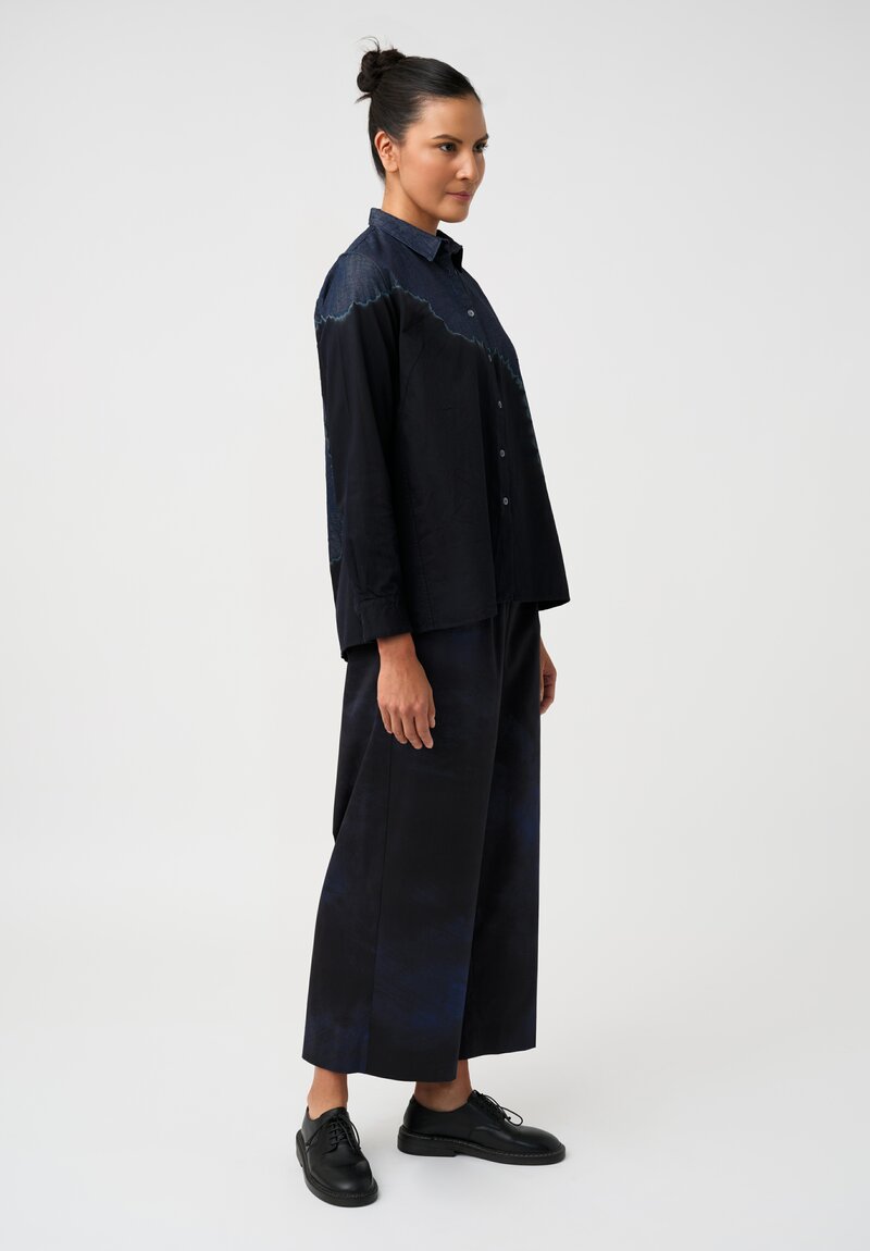 Suzusan Pima Cotton Denim Boushi Somewake Shibori Boa Shirt in Indigo Blue & Black