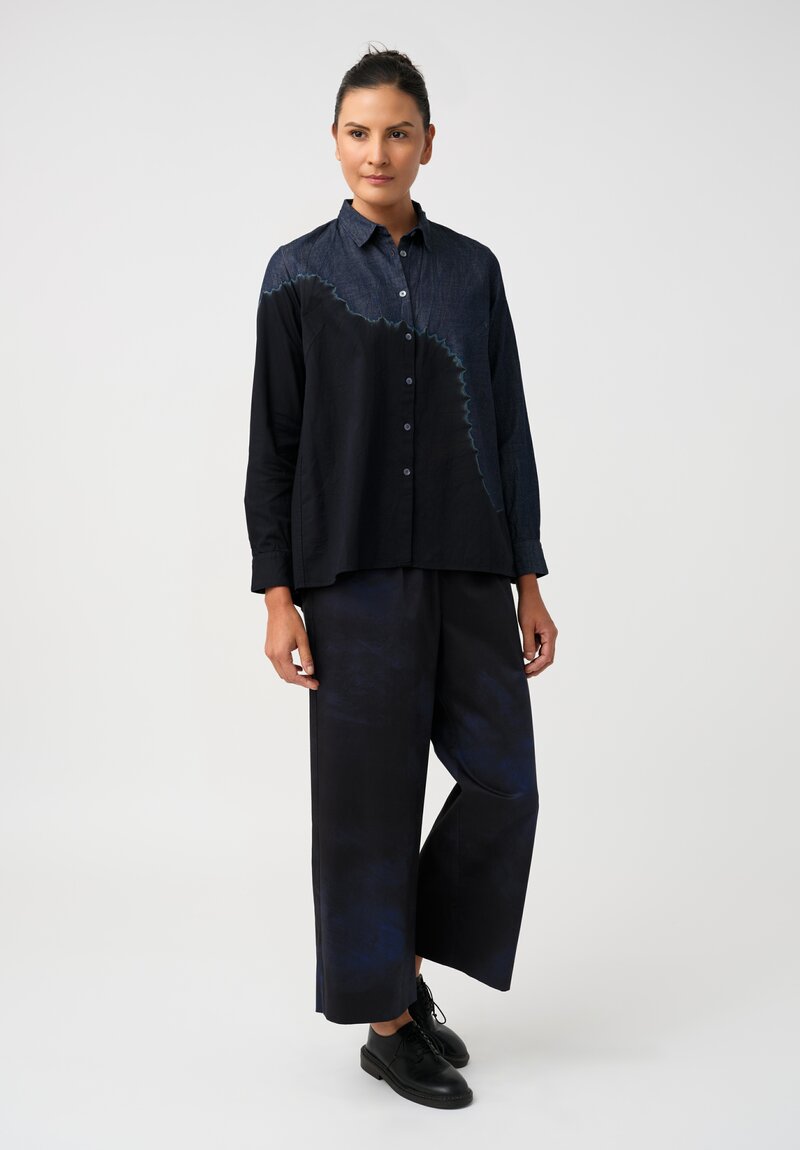 Suzusan Pima Cotton Denim Boushi Somewake Shibori Boa Shirt in Indigo Blue & Black