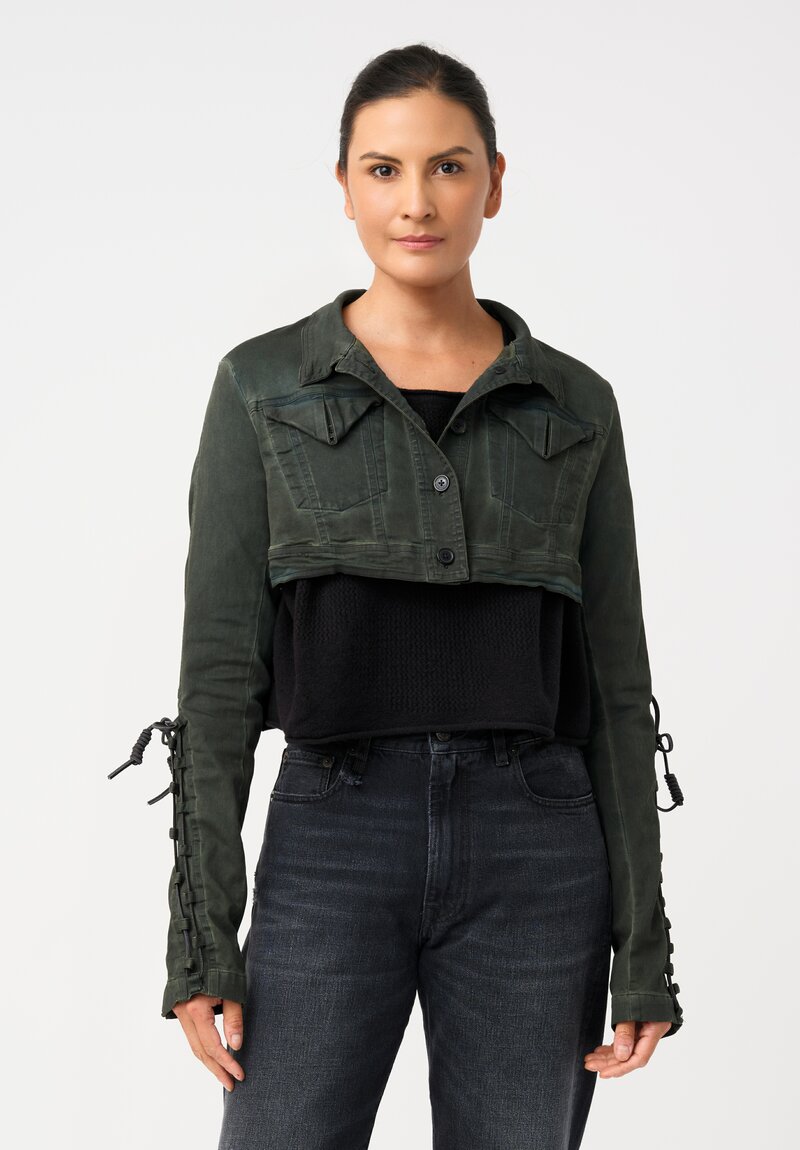 Rundholz DIP Overdyed Cotton Denim Micro Jacket with Lace-Up Sleeve Detail