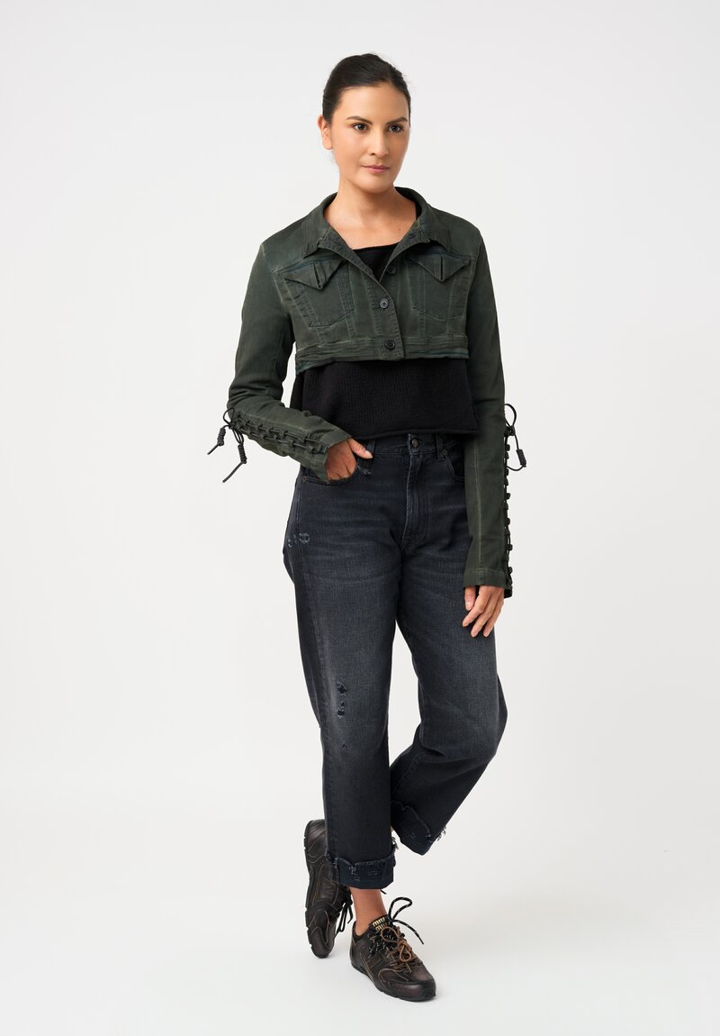 Rundholz DIP Overdyed Cotton Denim Micro Jacket with Lace-Up Sleeve Detail