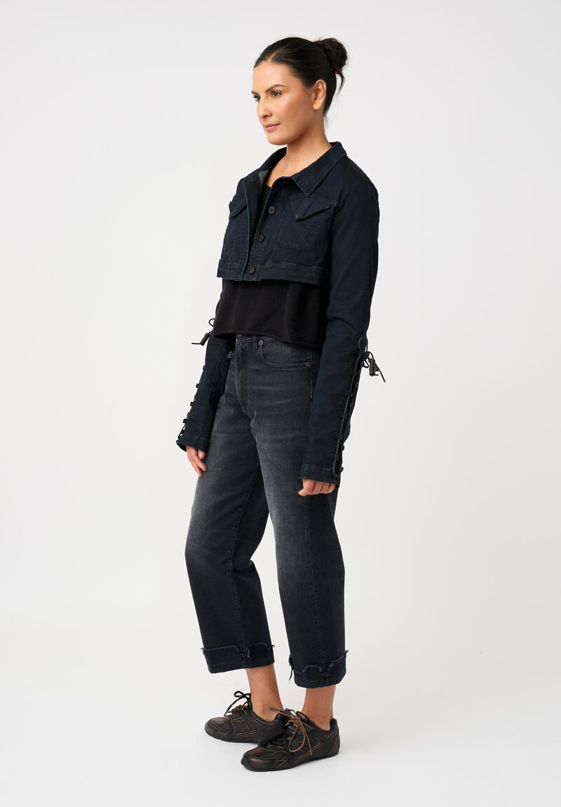 Rundholz DIP Dark Wash Cotton Denim Micro Jacket with Lace-Up Sleeve Detail