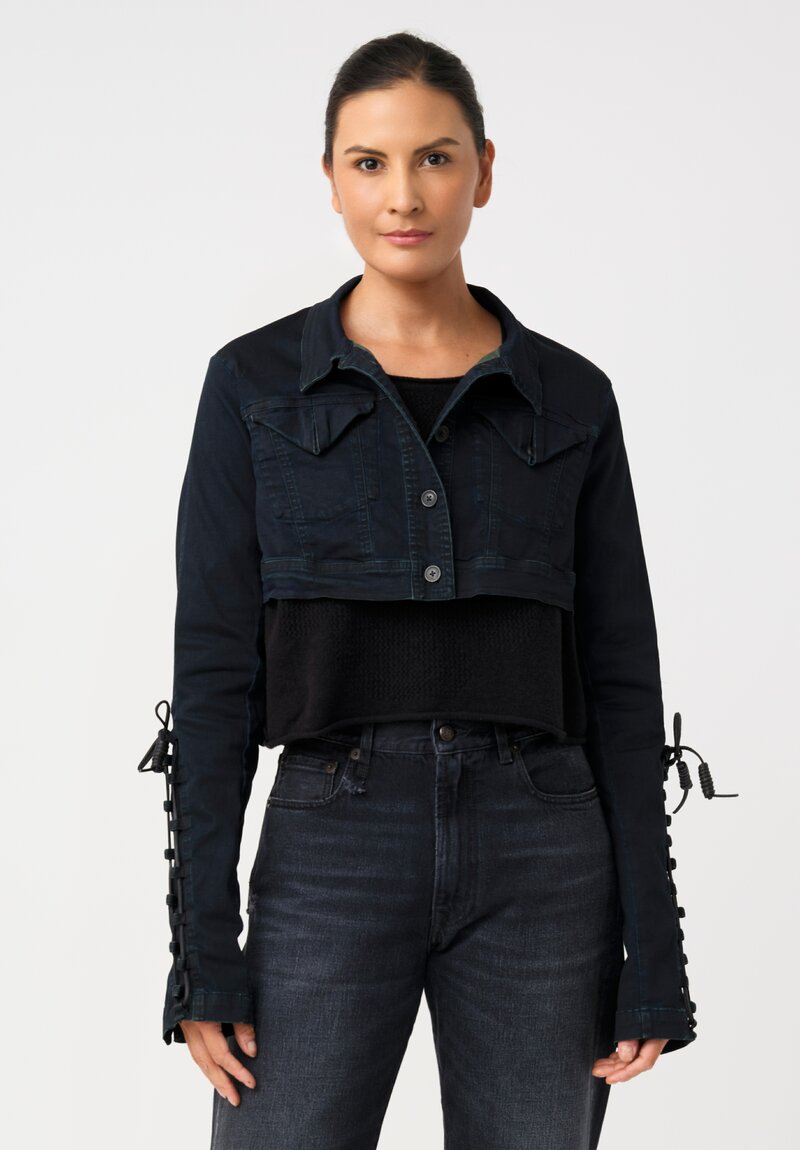 Rundholz DIP Dark Wash Cotton Denim Micro Jacket with Lace-Up Sleeve Detail