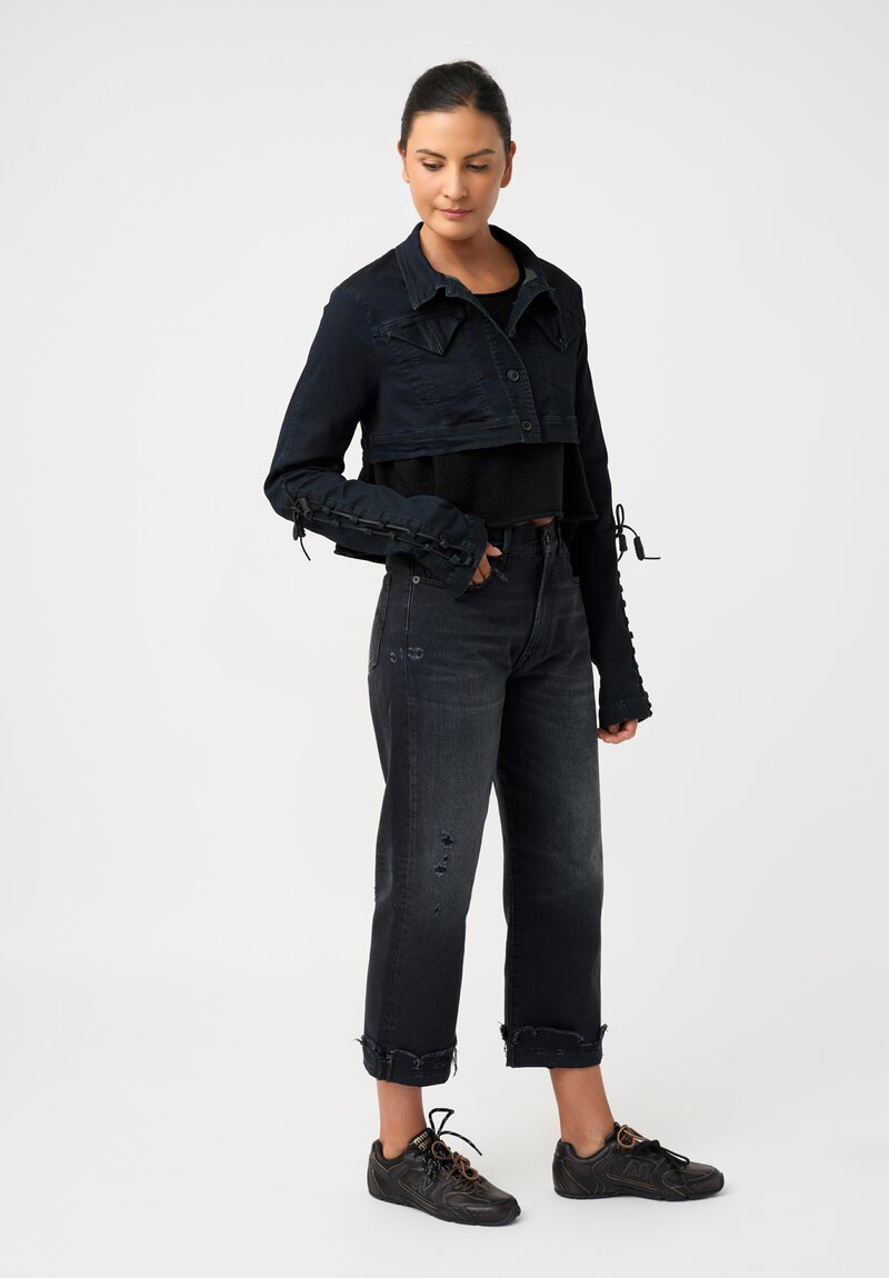 Rundholz DIP Dark Wash Cotton Denim Micro Jacket with Lace-Up Sleeve Detail