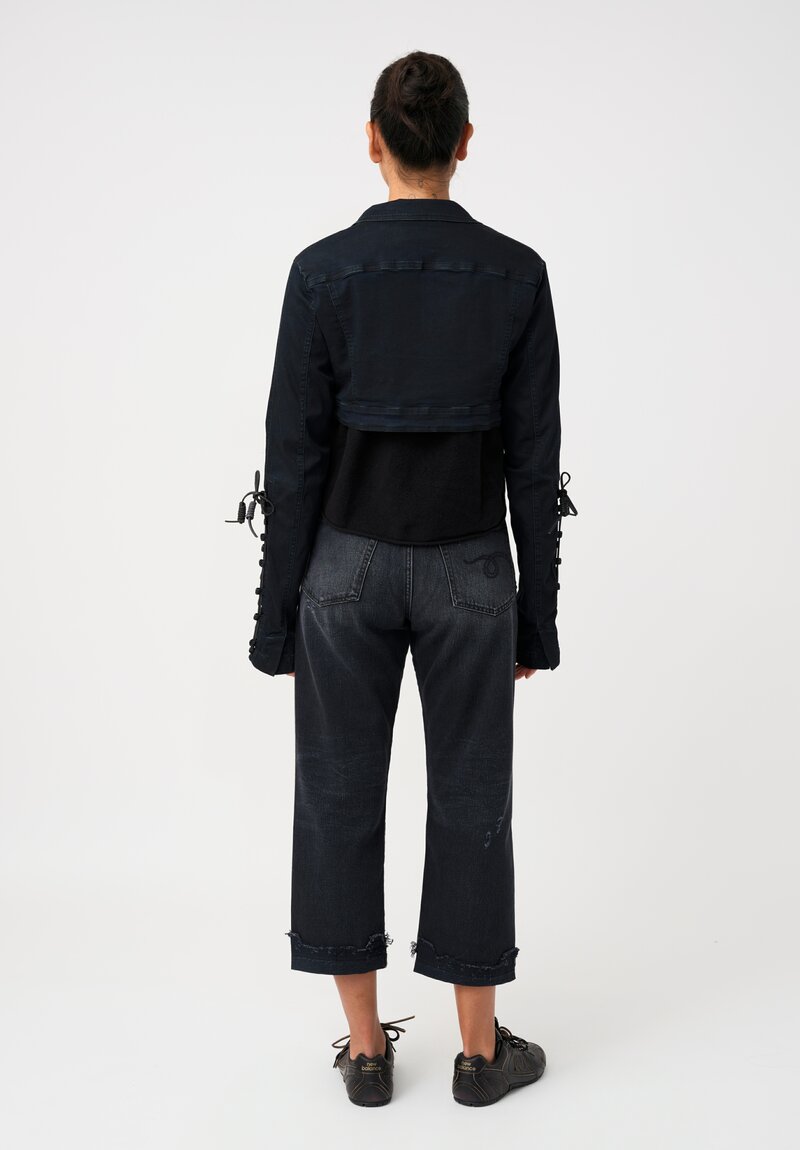 Rundholz DIP Dark Wash Cotton Denim Micro Jacket with Lace-Up Sleeve Detail