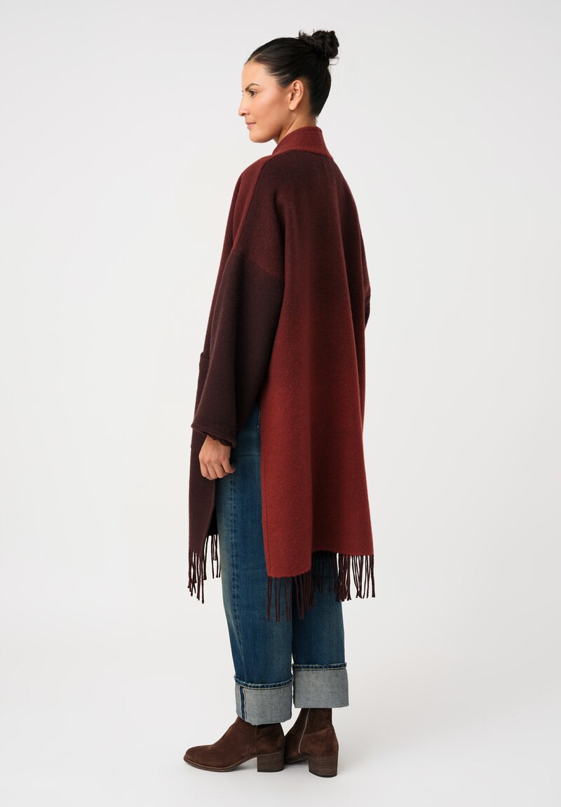 Alonpi Cashmere Fringed Open-Front Cardigan Coat in Scarlet Red & Burgundy Ombré