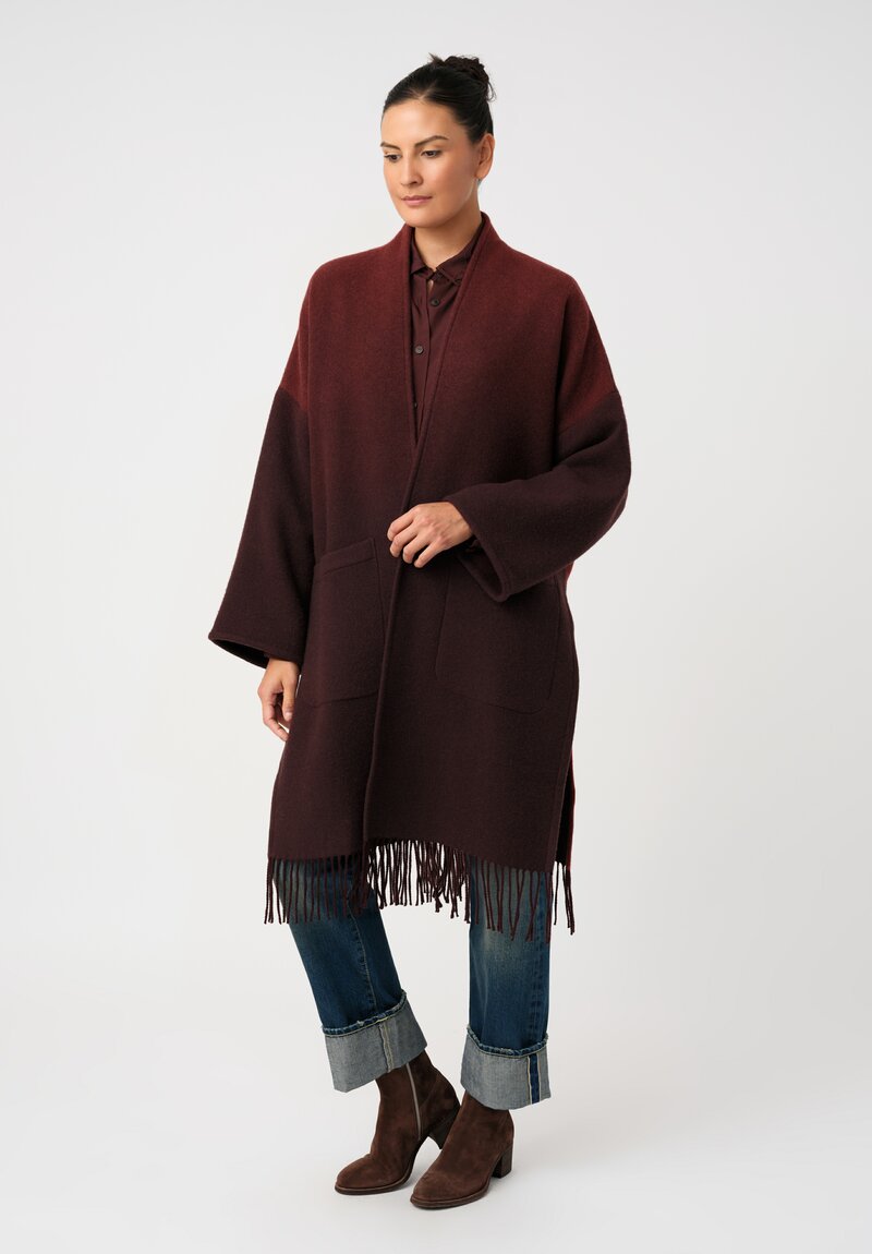 Alonpi Cashmere Fringed Open-Front Cardigan Coat in Scarlet Red & Burgundy Ombré
