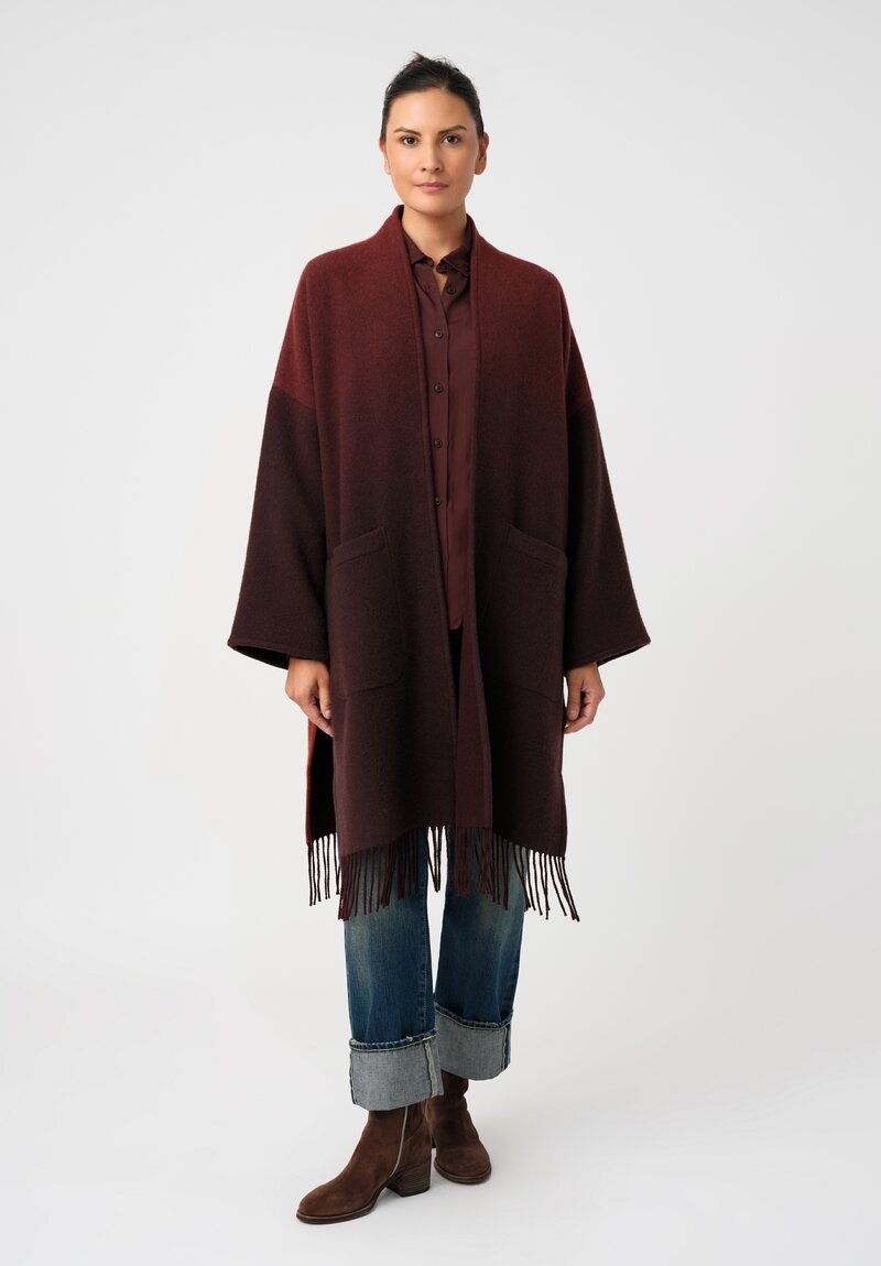 Alonpi Cashmere Fringed Open-Front Cardigan Coat in Scarlet Red & Burgundy Ombré