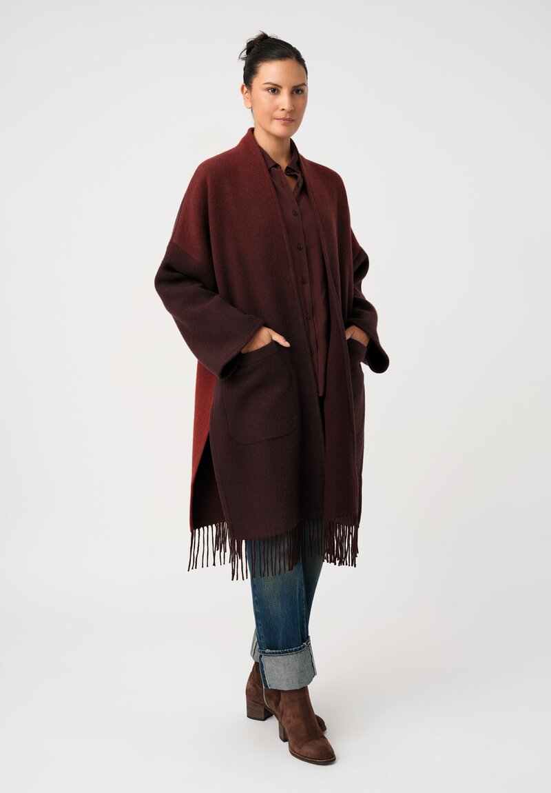 Alonpi Cashmere Fringed Open-Front Cardigan Coat in Scarlet Red & Burgundy Ombré