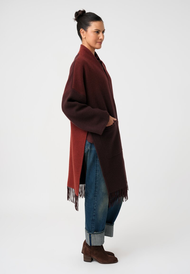 Alonpi Cashmere Fringed Open-Front Cardigan Coat in Scarlet Red & Burgundy Ombré