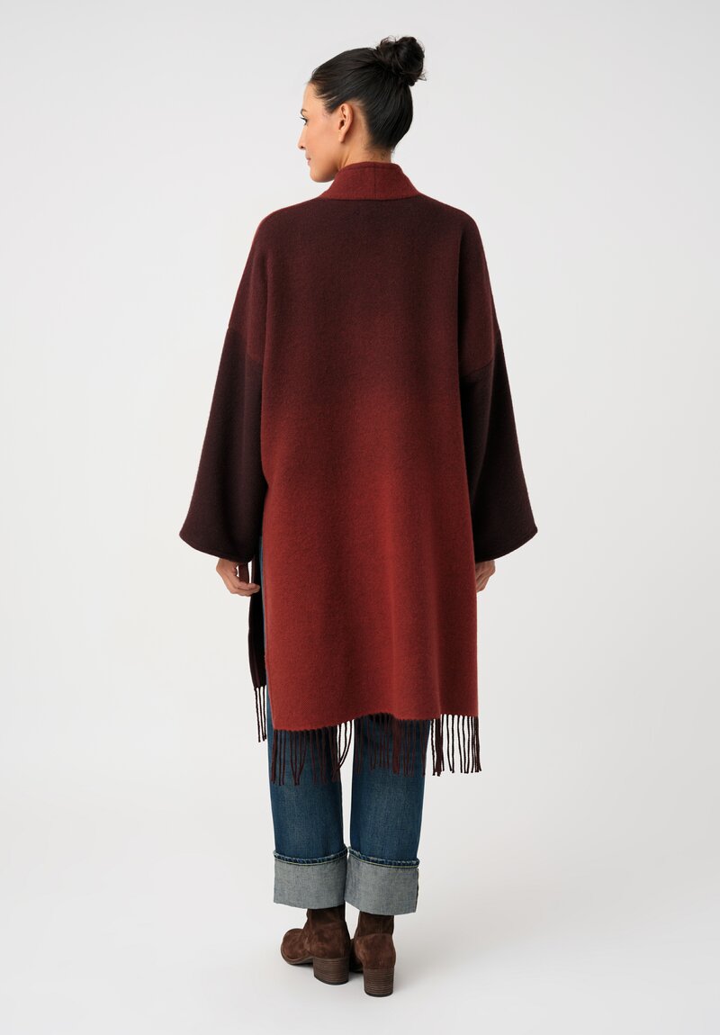 Alonpi Cashmere Fringed Open-Front Cardigan Coat in Scarlet Red & Burgundy Ombré