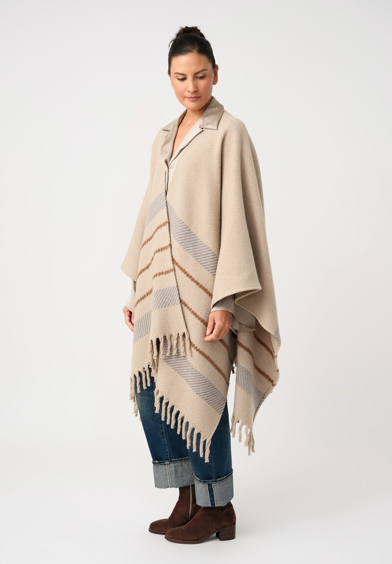 Alonpi Cashmere & Silk Cape with Thick Twisted Fringed Hem in Natural Beige with Grey & Saddle Brown Stripes