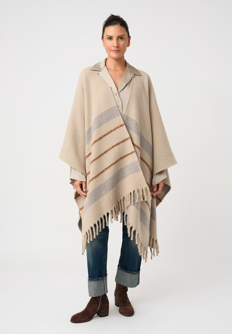 Alonpi Cashmere & Silk Cape with Thick Twisted Fringed Hem in Natural Beige with Grey & Saddle Brown Stripes