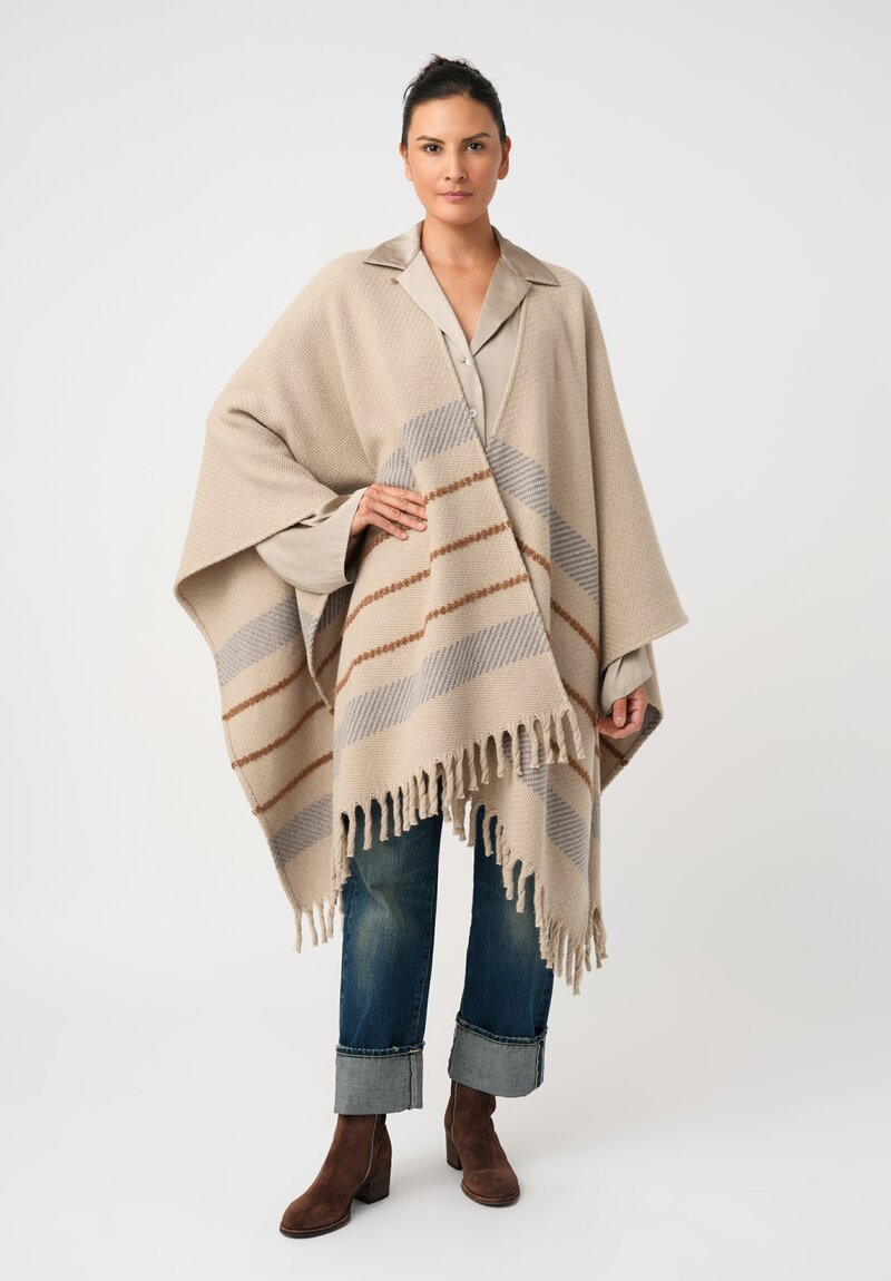 Alonpi Cashmere & Silk Cape with Thick Twisted Fringed Hem in Natural Beige with Grey & Saddle Brown Stripes