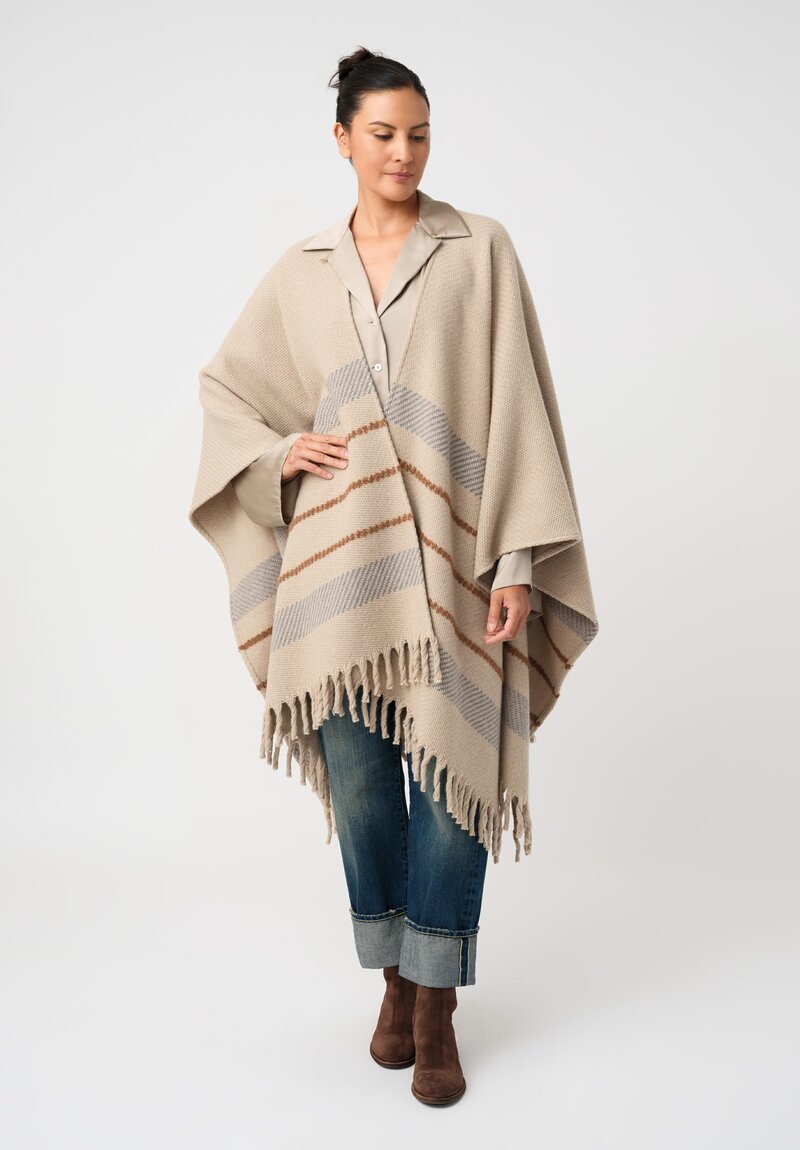 Alonpi Cashmere & Silk Cape with Thick Twisted Fringed Hem in Natural Beige with Grey & Saddle Brown Stripes