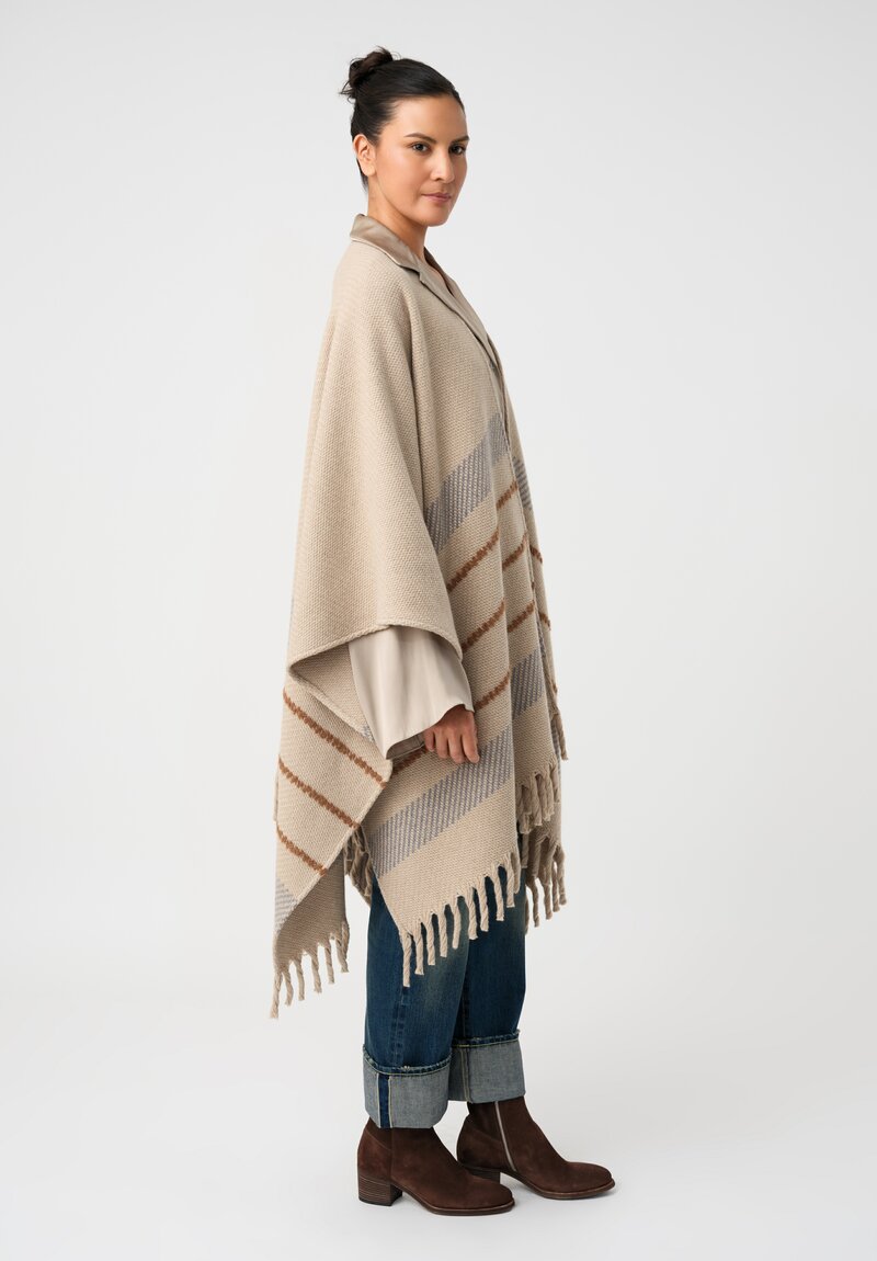Alonpi Cashmere & Silk Cape with Thick Twisted Fringed Hem in Natural Beige with Grey & Saddle Brown Stripes
