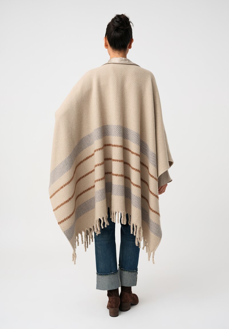 Alonpi Cashmere & Silk Cape with Thick Twisted Fringed Hem in Natural Beige with Grey & Saddle Brown Stripes