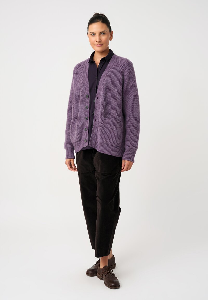 Bergfabel Cashmere Ribbed Knit Button-Down V-Neck Cardigan in Heather Purple