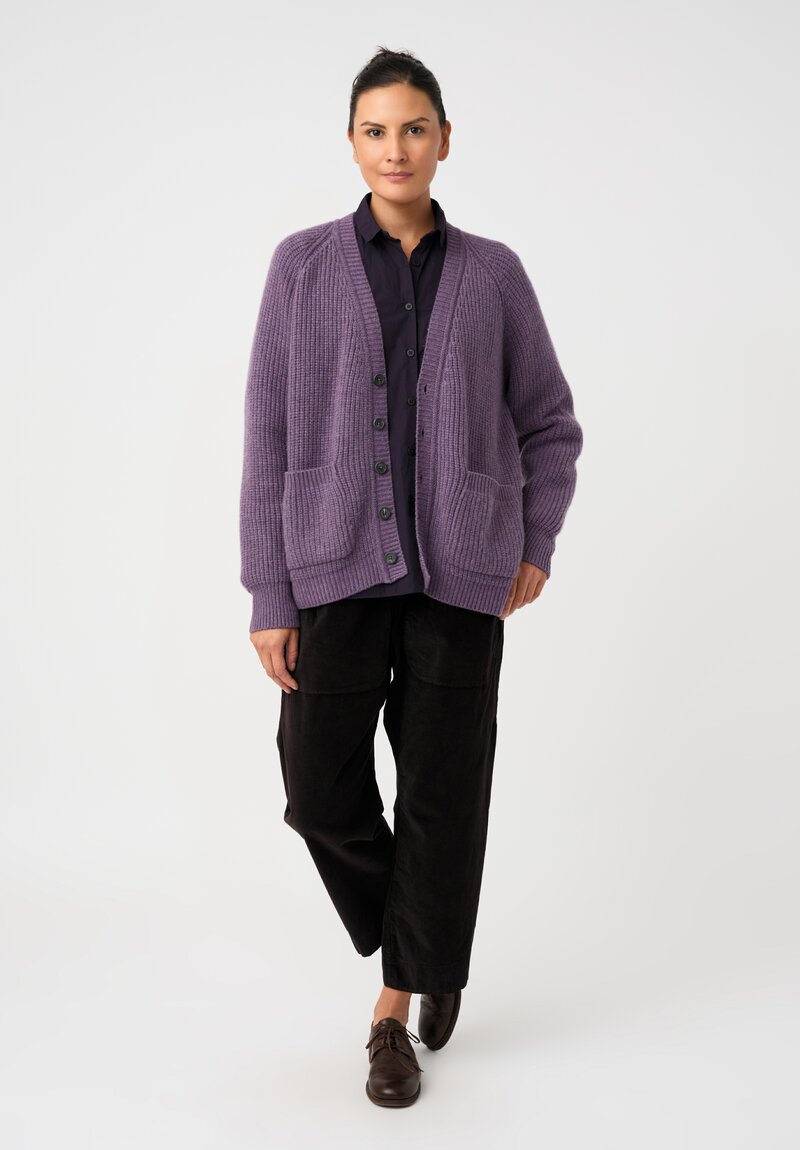 Bergfabel Cashmere Ribbed Knit Button-Down V-Neck Cardigan in Heather Purple
