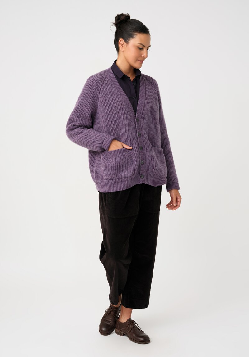 Bergfabel Cashmere Ribbed Knit Button-Down V-Neck Cardigan in Heather Purple