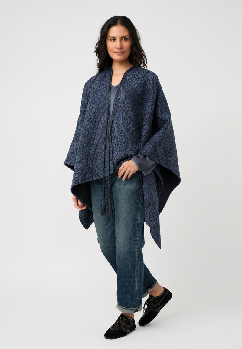 Etro Leather Tassel Cape in Pacific Blue Paisley