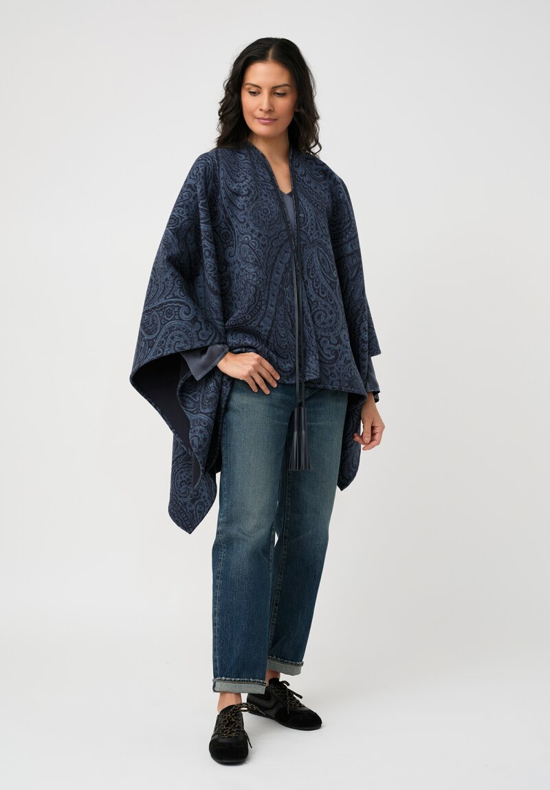Etro Leather Tassel Cape in Pacific Blue Paisley