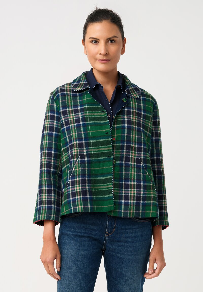 Péro Woven Plaid High Low Hem Jacket with French Knot Trim