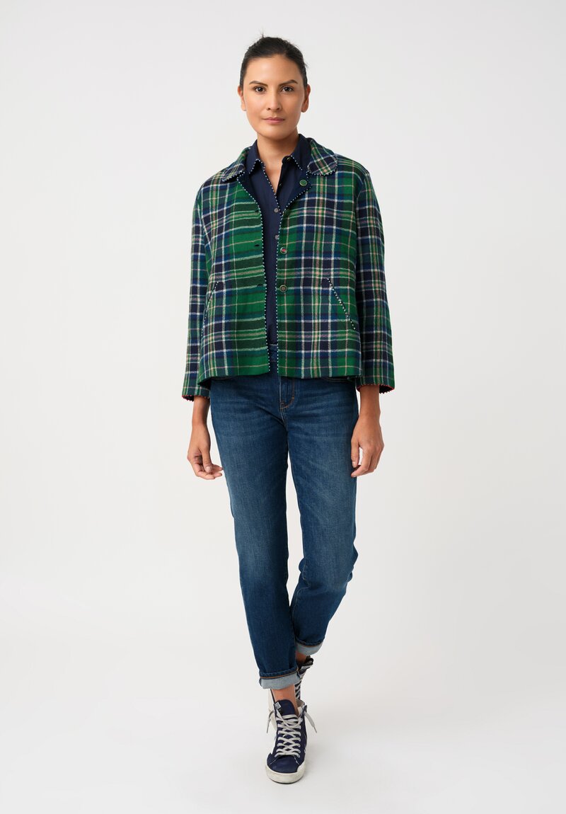 Péro Woven Plaid High Low Hem Jacket with French Knot Trim