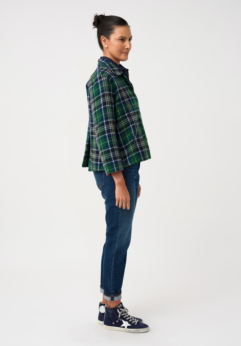 Péro Woven Plaid High Low Hem Jacket with French Knot Trim