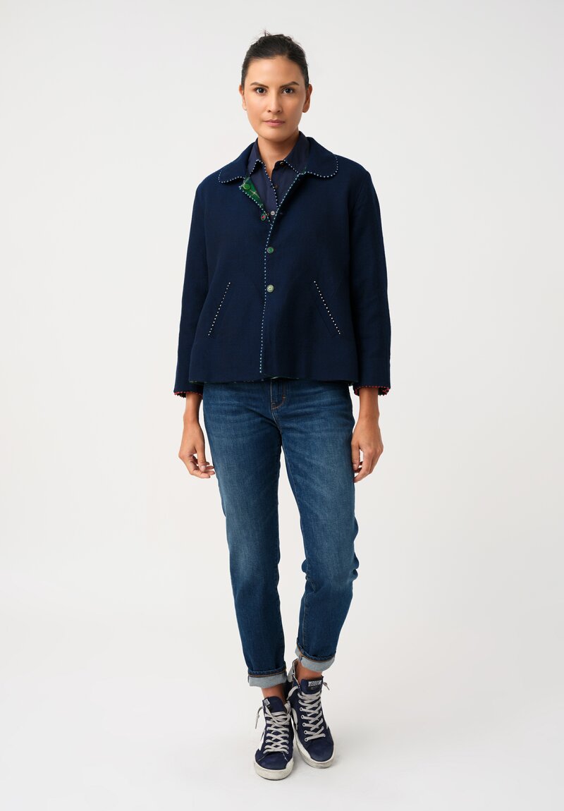 Péro Woven Plaid High Low Hem Jacket with French Knot Trim