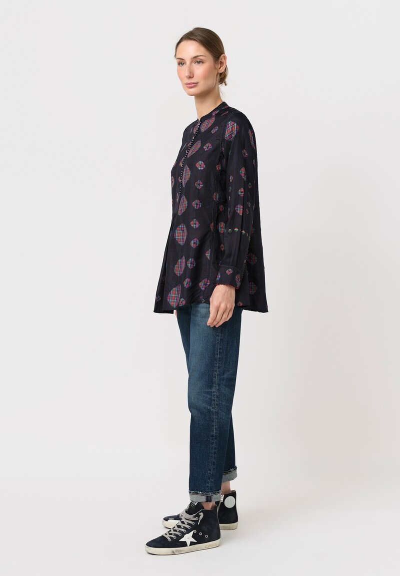 Péro Silk Resist-Dyed Two-Piece Micro-Pleat Top in Navy Blue & Tartan Shibori