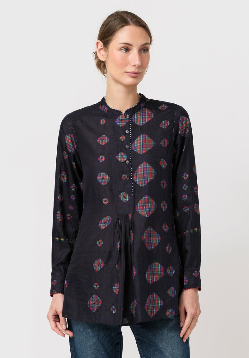 Péro Silk Resist-Dyed Two-Piece Micro-Pleat Top in Navy Blue & Tartan Shibori