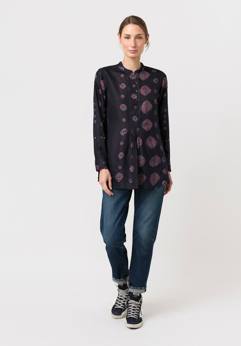 Péro Silk Resist-Dyed Two-Piece Micro-Pleat Top in Navy Blue & Tartan Shibori