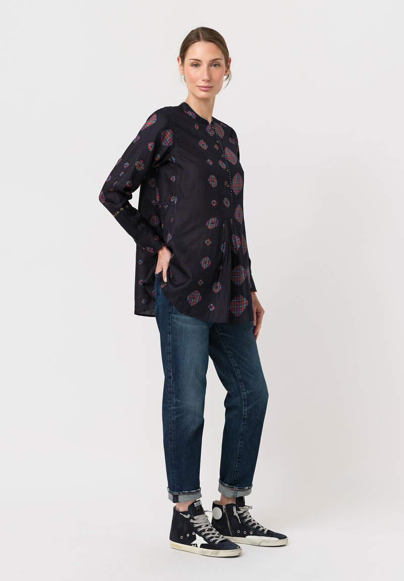 Péro Silk Resist-Dyed Two-Piece Micro-Pleat Top in Navy Blue & Tartan Shibori