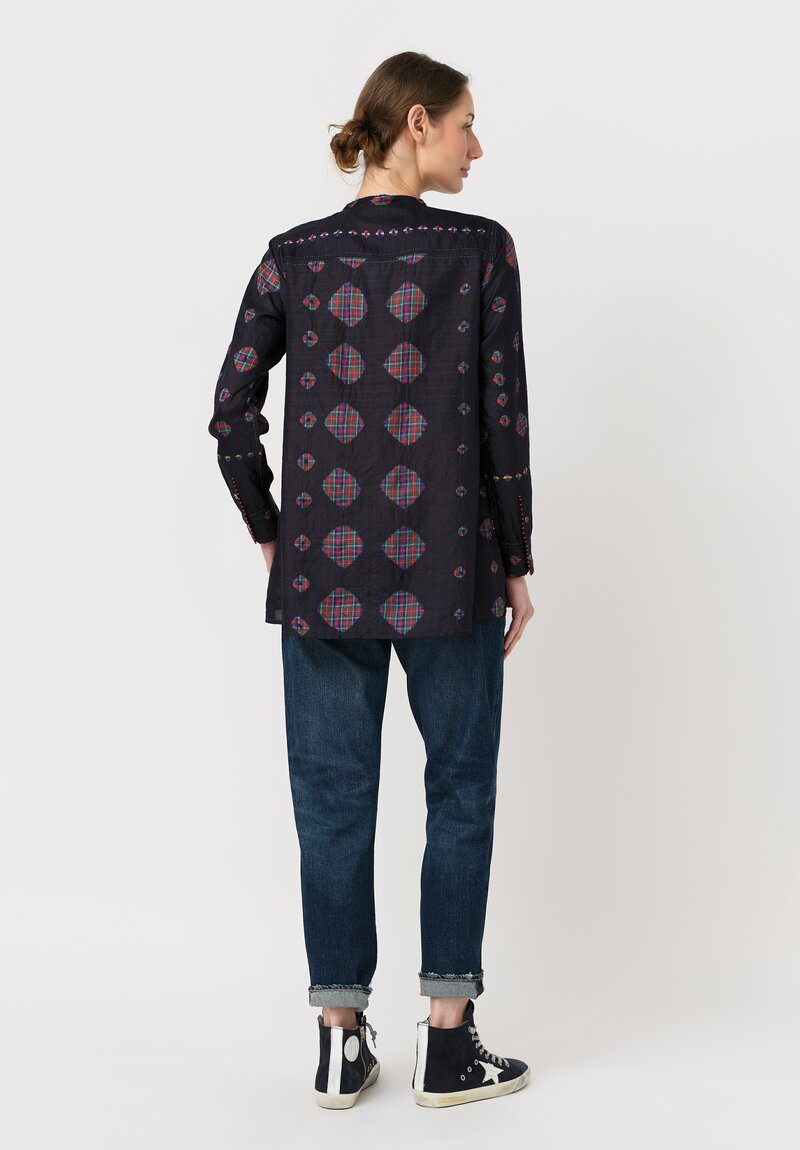 Péro Silk Resist-Dyed Two-Piece Micro-Pleat Top in Navy Blue & Tartan Shibori